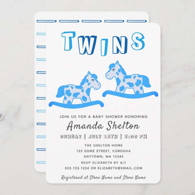 Convite Chá de fraldas dos Gêmeos Azuis do Cavalo de Fogue (Frente/Verso)