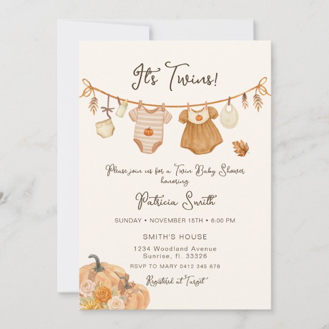 Convite Chá de fraldas dos Gêmeos da Abóbora (Frente)