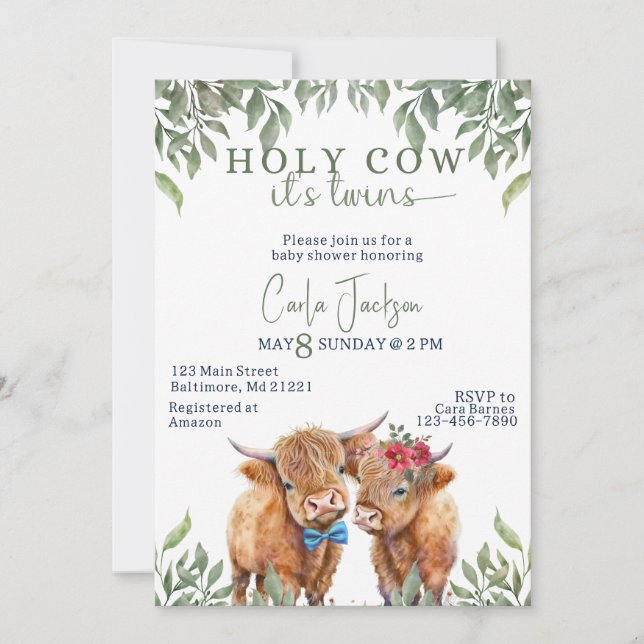 Convite chá de fraldas dos gêmeos verdes das vacas da plan (Frente)