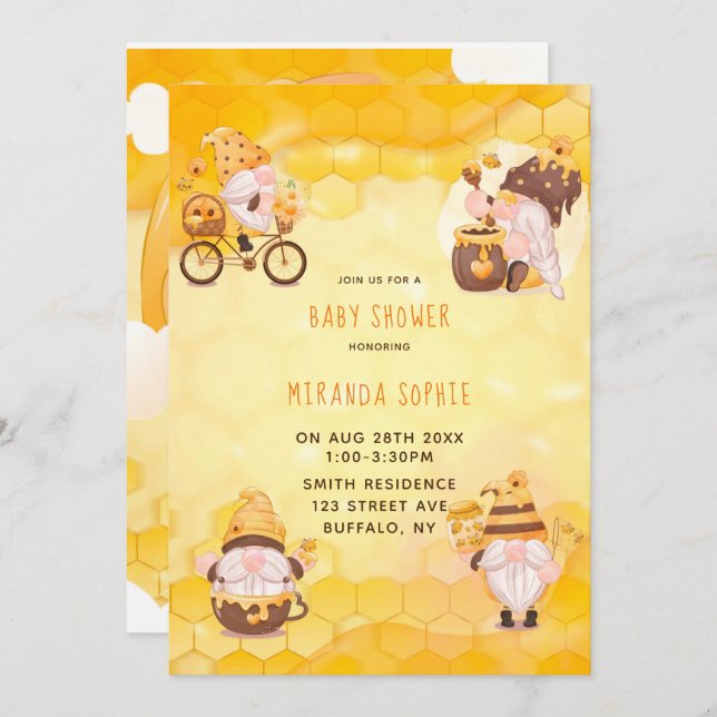 Convite Chá de fraldas dos Gnomos das Abelhas Honeycomb (Frente/Verso)