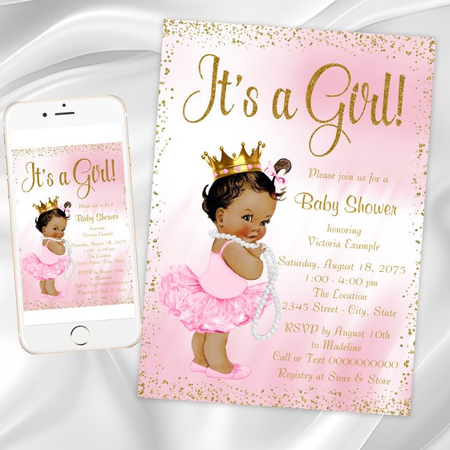 Convite Chá de fraldas Dourado afro-americano rosa (Pink Gold African American Princess Baby Shower Invitation. Download - Printed invitations available)