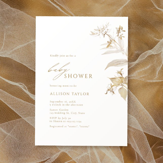 Convite Chá de fraldas Dourado Botânico Elegante (Elegant Modern Gold Botanical Floral Baby Shower Invitation)