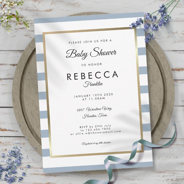 Convite Chá de fraldas Dourado com faixa azul poeirenta (Dusty Blue Stripe Gold Baby Shower Invitation)