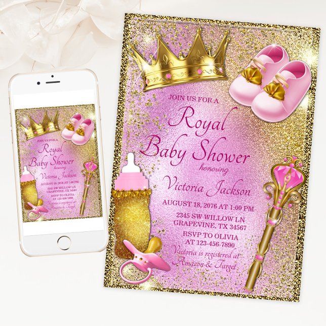 Convite Chá de fraldas Dourado da Princesa Real Rosa (Pink gold princess baby shower invitation with cute princess things. For print and download.)