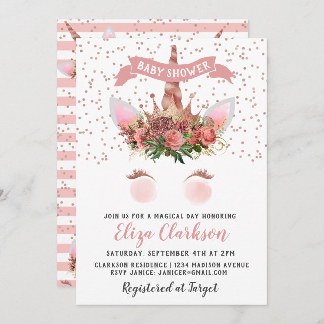 Convite Chá de fraldas Dourado da Unicorn Princess (Frente/Verso)