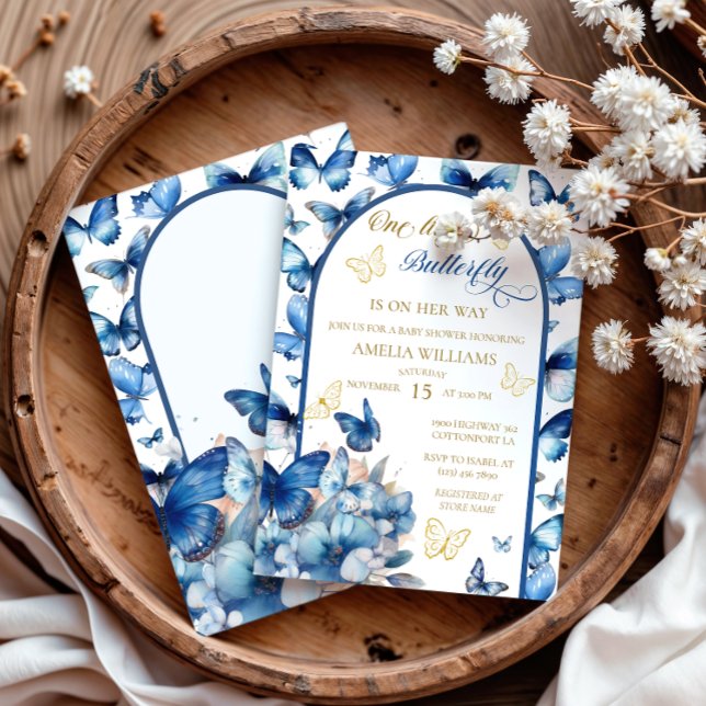 Convite Chá de fraldas Dourado de Borboleta Azul (Criador carregado)