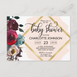 Convite Chá de fraldas Dourado de Borgonha Floral Rosa Azu