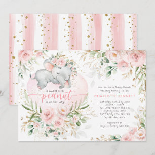 Convite Chá de fraldas Dourado de Elefante Floral Blush
