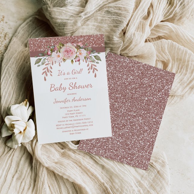 Convite Chá de fraldas Dourado de Garota Rosa Rosa Rosa Ro (Criador carregado)