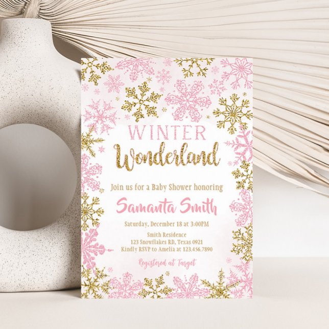 Convite Chá de fraldas Dourado de inverno na Wonderland (Pink Gold Winter Wonderland Baby Shower Invitation)