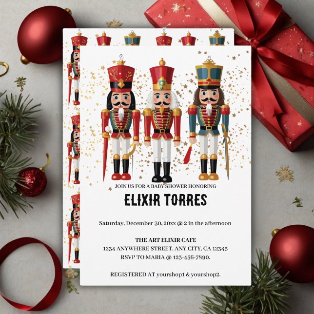Convite Chá de fraldas Dourado de Nutcracker Vermelho e Az (Criador carregado)