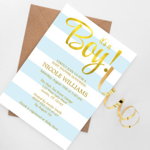 Convite Chá de fraldas Dourado de Stripes Azul e Faux