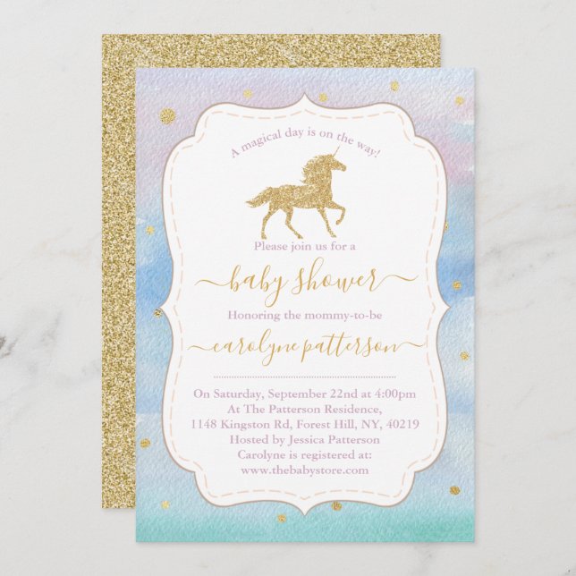 Convite Chá de fraldas Dourado de Unicórnio Glitter (Frente/Verso)