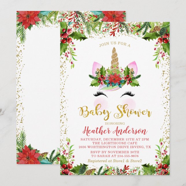 Convite Chá de fraldas Dourado de Unicórnio Mágico de Nata (Frente/Verso)