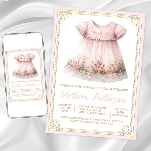 Convite Chá de fraldas Dourado de Vestido de Flor Selvagem (Sweet blush pink gold baby shower invitation. Instant download and printed invitations available.)