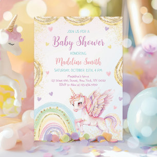 Convite Chá de fraldas Dourado do Unicorn Rainbow Pink