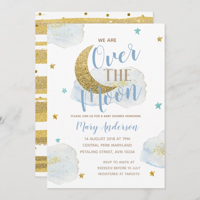 Convite Chá de fraldas Dourado e azul de Lua de Aquarela (Frente/Verso)