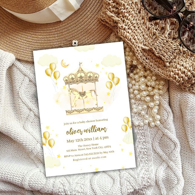 Convite Chá de fraldas Dourado Elegante do Balão Mágico Ca (Gold Elegant Magical Balloon Carousel Baby Shower Invitation)