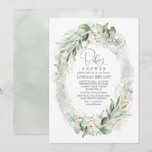Convite Chá de fraldas Dourado Eucalyptus Greenery Wreath