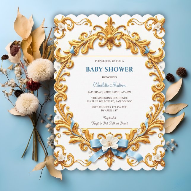 Convite Chá de fraldas Dourado Floral Blue Rococo (Royal Rococo Blue Gold Floral Boy Baby Shower Invitation)