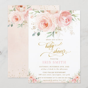 Convite Chá de fraldas Dourado Floral Cor-de-rosa esmagad