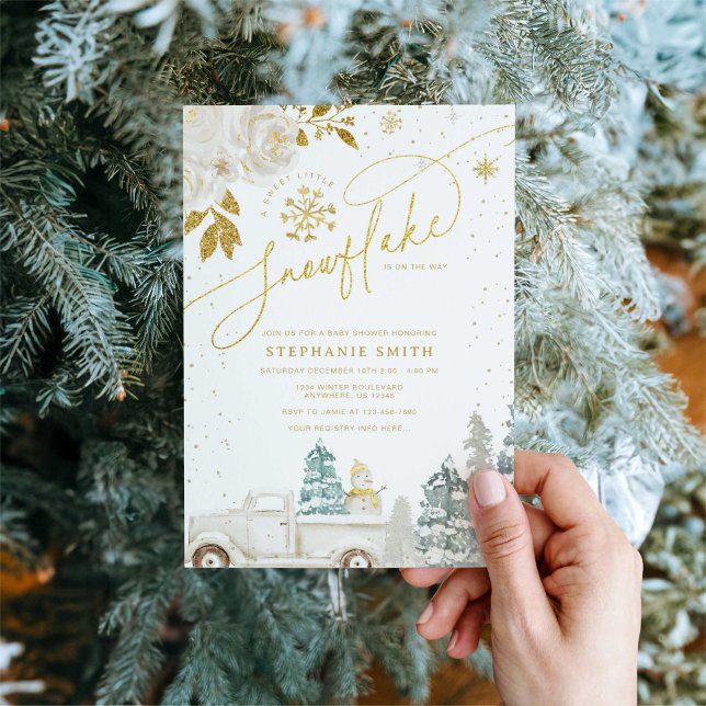 Convite Chá de fraldas Dourado Floral de Inverno com Floco (Criador carregado)