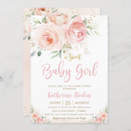 Convite Chá de fraldas Dourado Floral Rosa-Blush Elegante