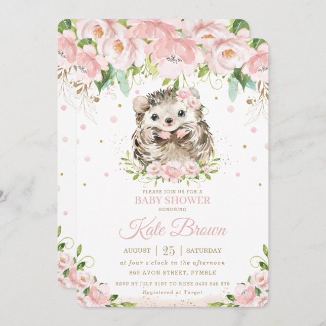 Convite Chá de fraldas Dourado Floral Rosa-Rosa (Frente/Verso)