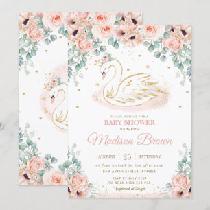Convite Chá de fraldas Dourado Floral Rosa-Rosa Swan Princ