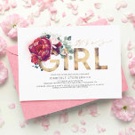 Convite Chá de fraldas Dourado Floral Vermelho Brilhante<br><div class="desc">Elegante e único pincel rosa,  flores vermelhas entupidas e douradas e convites para bebês "É uma Garota"</div>
