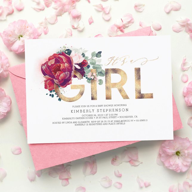 Convite Chá de fraldas Dourado Floral Vermelho Brilhante (Criador carregado)