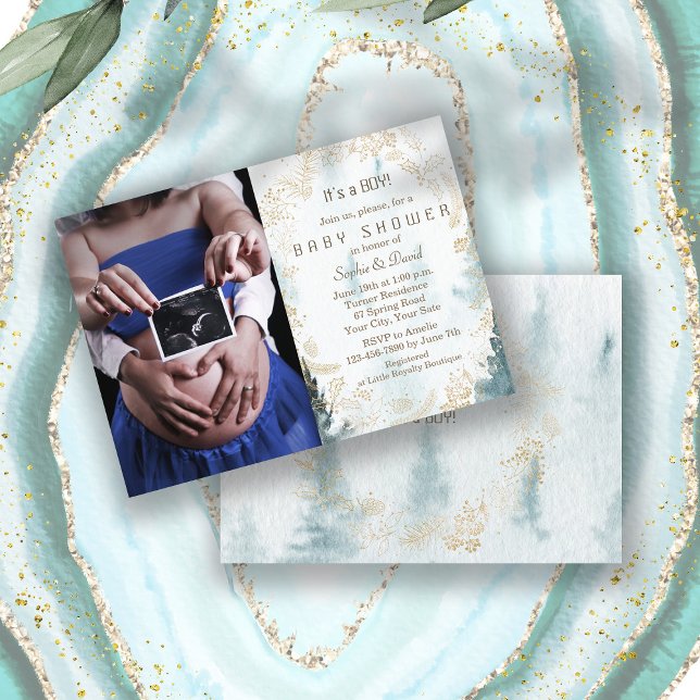 Convite Chá de fraldas Dourado Foto do Winter Greenery Wre (photo baby shower, winter baby shower invite, trendy watercolour winter scenery baby shower, gold)