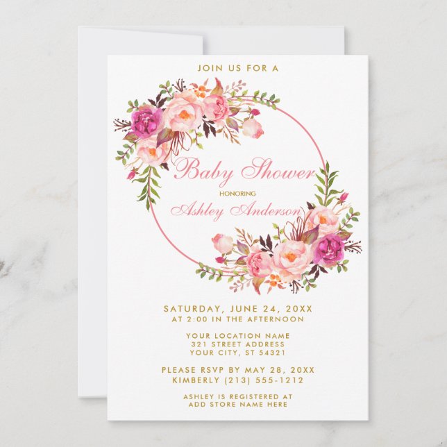 Convite Chá de fraldas Dourado Frio Cor-de-Água Cor Rosa (Frente)