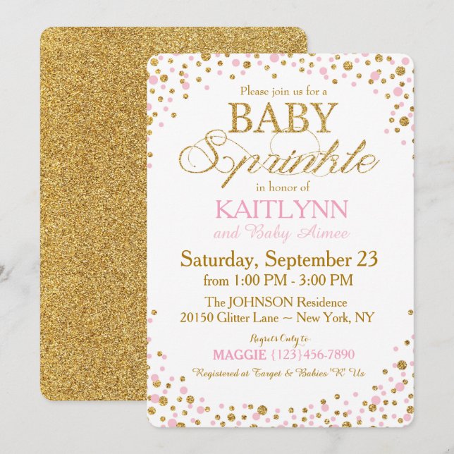 Convite Chá de fraldas Dourado Glitter e Pink Sprinkle (Frente/Verso)