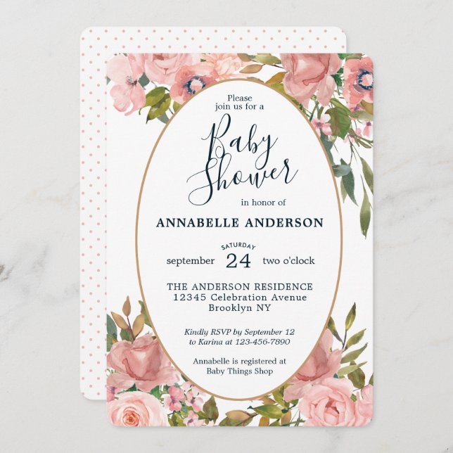 Convite Chá de fraldas Dourado Jardim Floral Rosa Moderno (Frente/Verso)