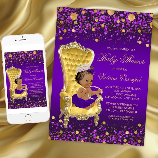Convite Chá de fraldas Dourado princesa roxa americana afr (Purple Gold Princess Baby Shower Invitation. Instant download and printed invitations available.)