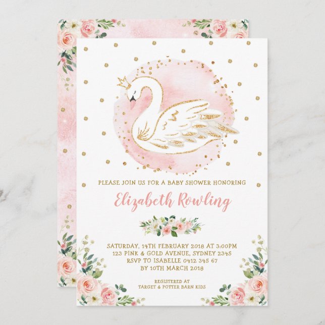 Convite Chá de fraldas Dourado Princesa Suína Feminina (Frente/Verso)