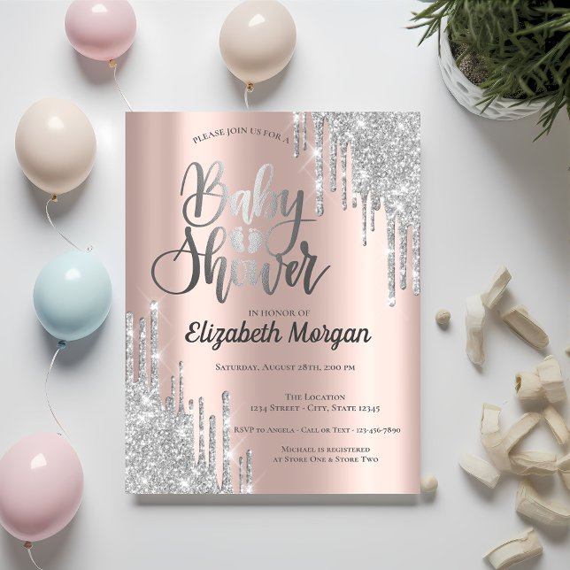 Convite Chá de fraldas Dourado Rosa de Glitter Silver Eleg (Criador carregado)