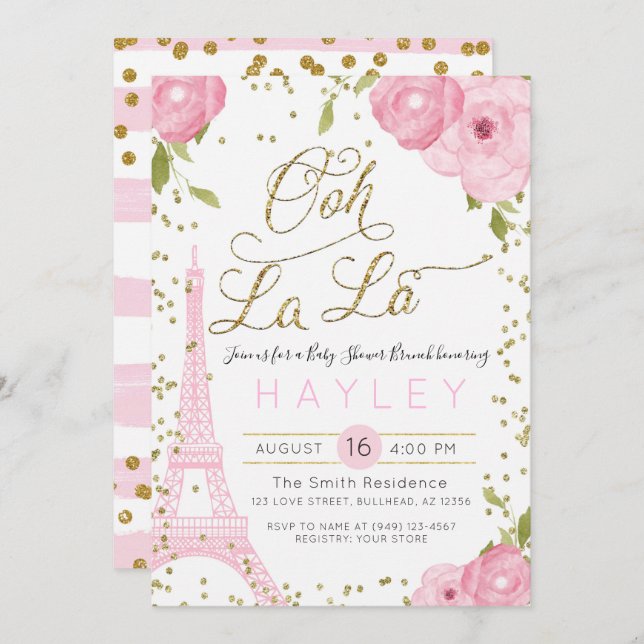 Convite Chá de fraldas Dourado Rosa Eiffel Torre Paris (Frente/Verso)