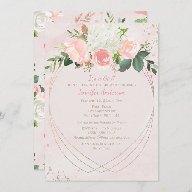 Convite Chá de fraldas Dourado Rosa Esbranquiçado (Frente/Verso)