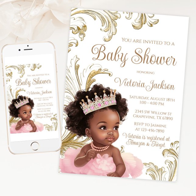 Convite Chá de fraldas Dourado Rosa Princesa Negra (Pretty pink and gold African princess baby shower invitation for print and digital download.)