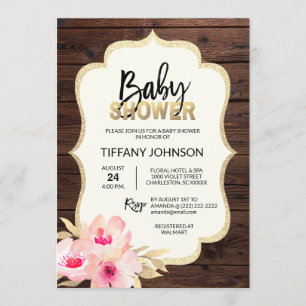 Convite Chá de fraldas Dourado Rosa Rosa de Madeira Rústic