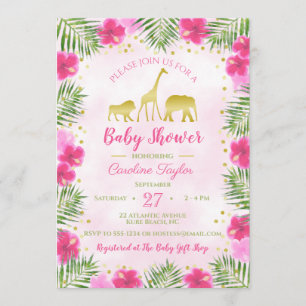Convite Chá de fraldas Dourado Rosa Safari Animal