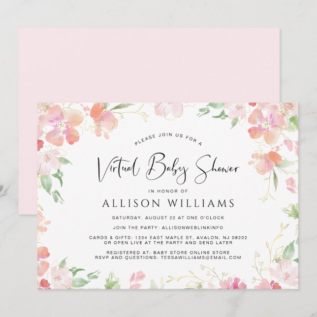 Convite Chá de fraldas Dourado Rosa Virtual Floral Waterco (Frente/Verso)