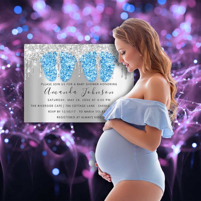 Convite Chá de fraldas Drives Cinza Prata Gêmeos de Pés (Baby Shower Drips Silver Gray Feet Twins Boys Invitation)