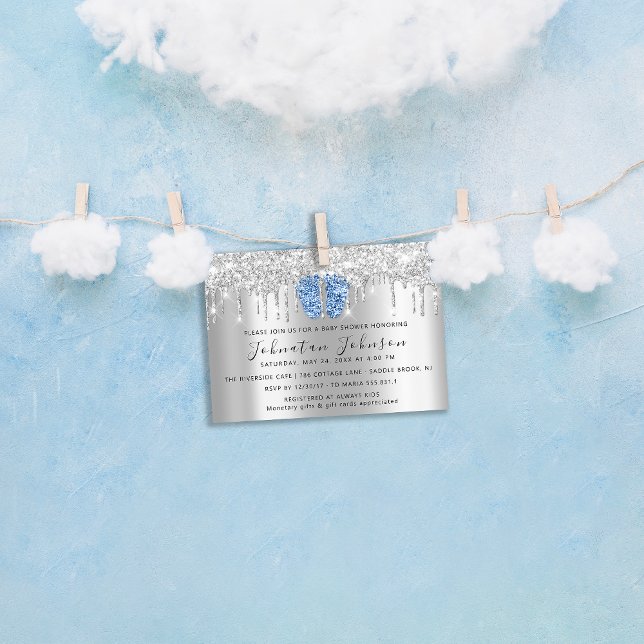 Convite Chá de fraldas Drives Glitter Blue Feet Silver (Baby Shower Drips Glitter Blue Feet Silver Invitation)