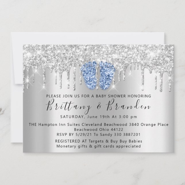 Convite Chá de fraldas Drives Glitter Blue Feet Silver Con (Frente)