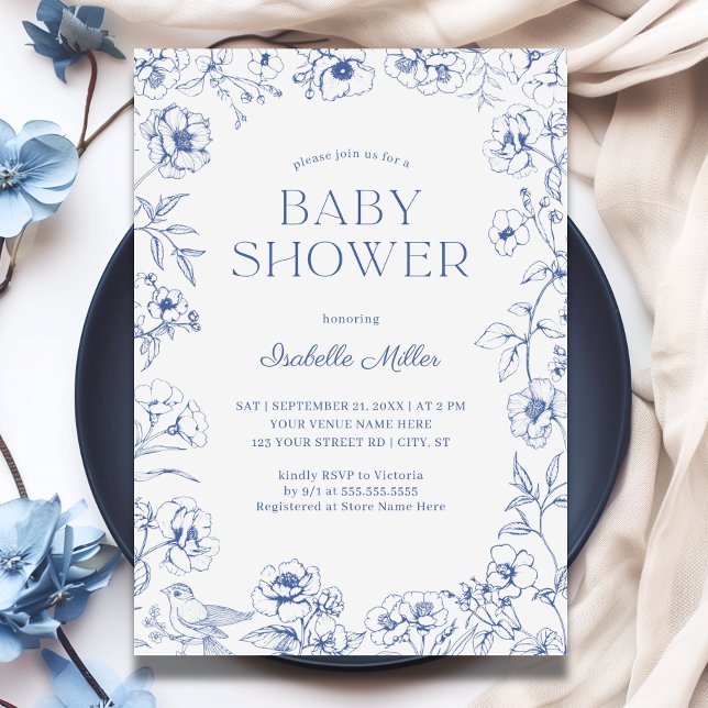 Convite Chá de fraldas Dusty Blue Chinoiserie (Dusty Blue  Baby Boy Shower)