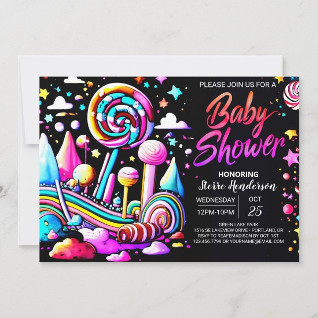 Convite Chá de fraldas Editável Candyland Whimsy (Frente)