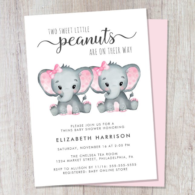 Convite Chá de fraldas Elefant Twin Girls (Cute twin girls baby shower invitation)